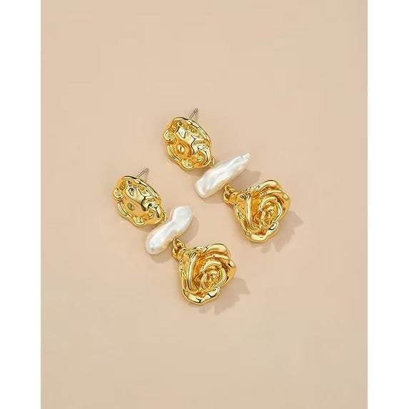 SNGIA 18K Gold Plated Floral Pearl Dangle Earrings for Women, Rose Petal Statement Drop Earrings
