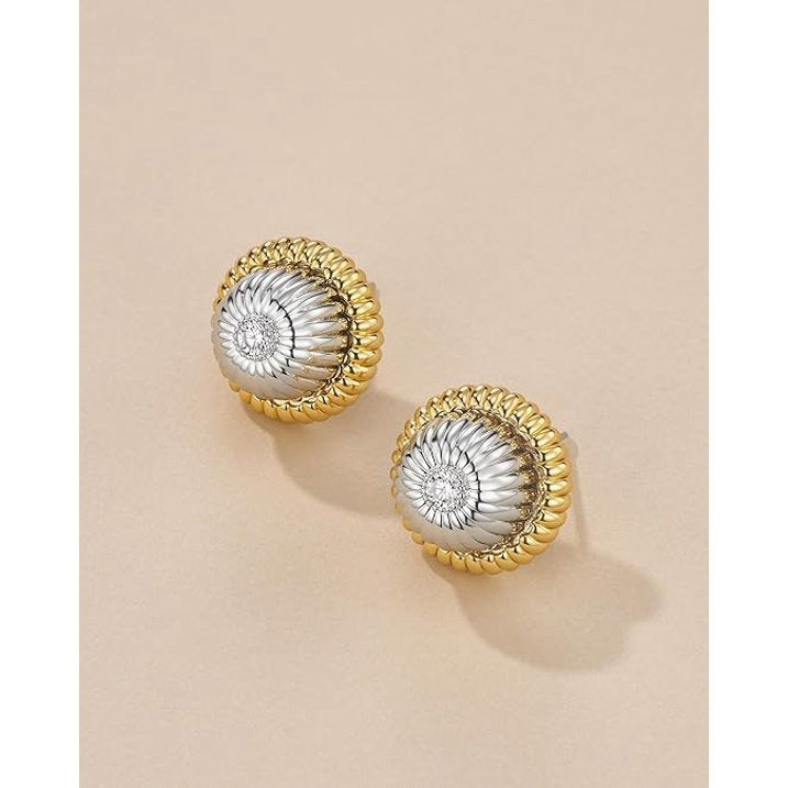SNGIA Gold and Silver Tone Stud Earrings for Women with CZ Center, Ribbed Floral Statement Style