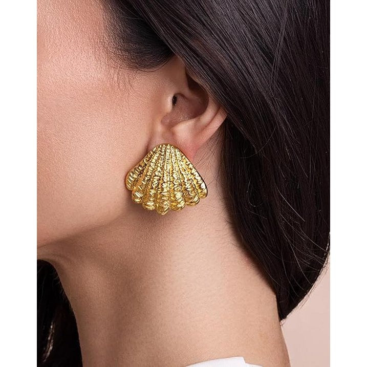 Gold Tone Textured Shell Stud Earrings for Women, Statement Fan Shape Post Back