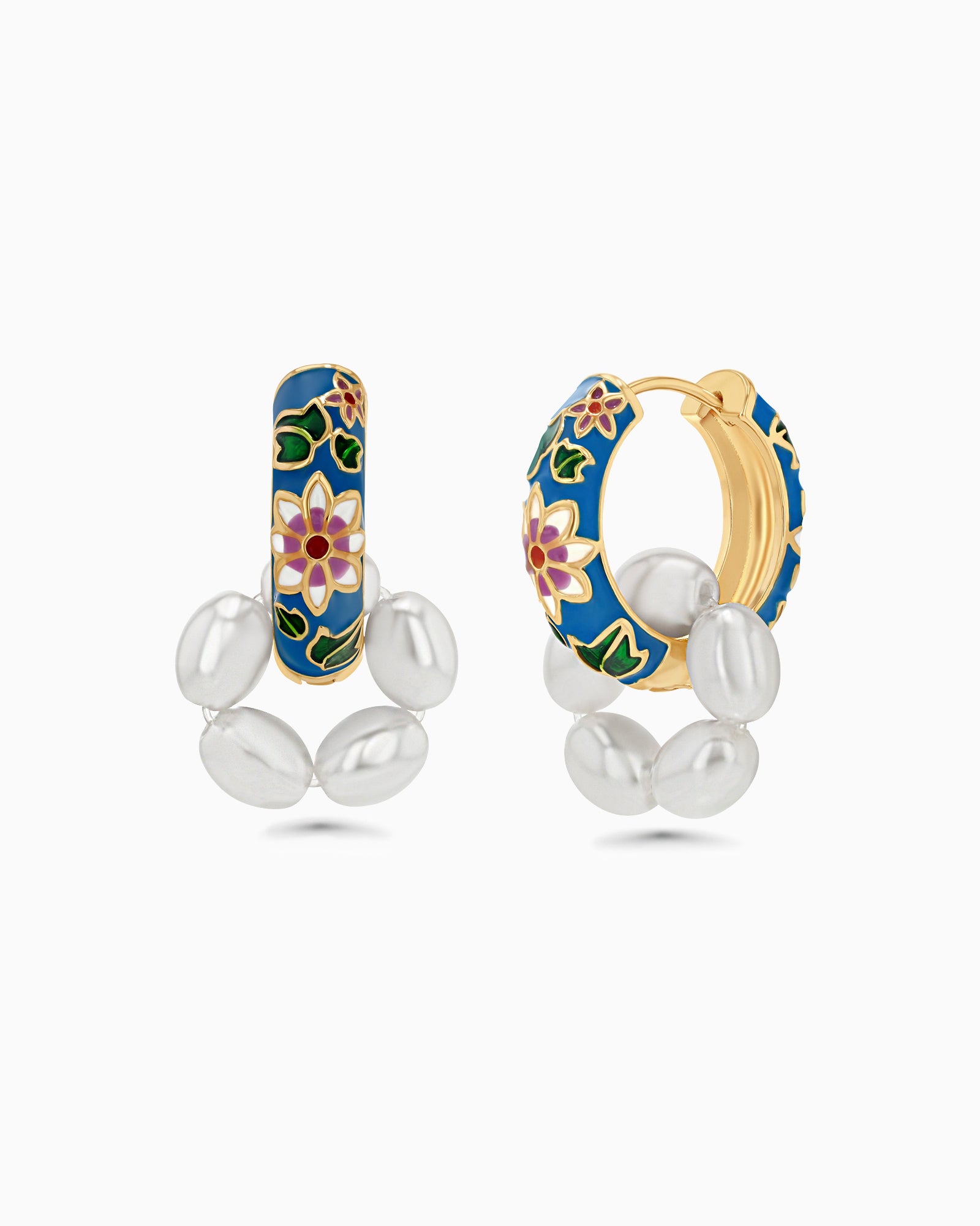 Gold Porcelain Floral Enamel Hoop Earrings with Pearl
