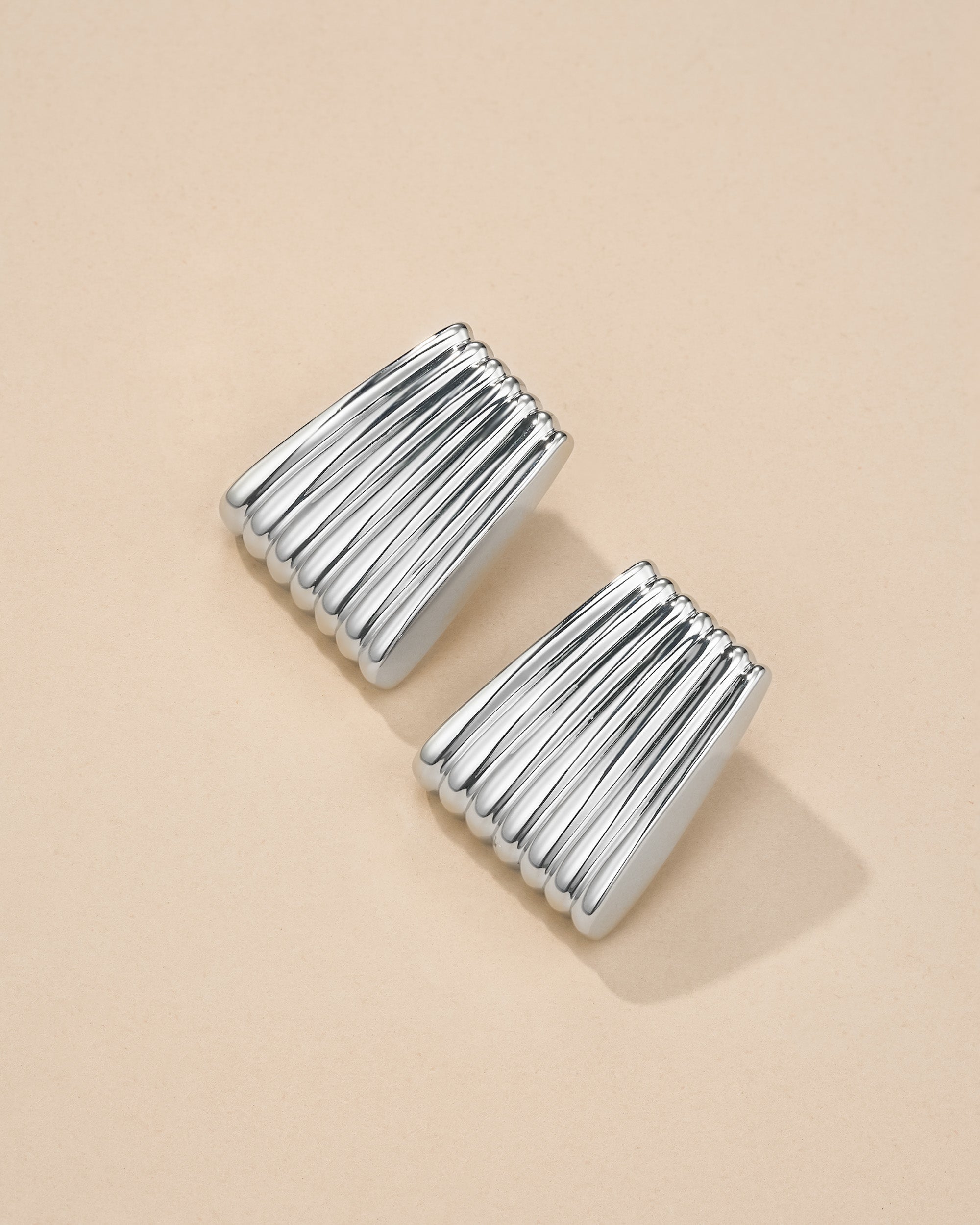 Square Trapezoid White Gold Ribbed Chunky Stud Earrings