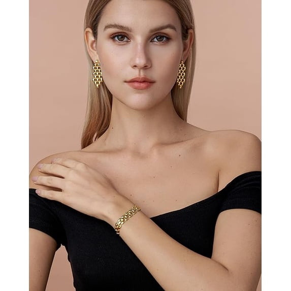 Chunky 18K Gold Plated Link Chain Bracelet for Women Textured Ribbed Statement Jewelry