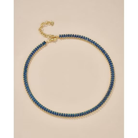 18K Gold Plated Blue Sapphire Baguette Crystal Tennis Choker Necklace for Women, Adjustable Statement Chain
