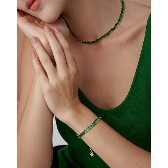 18K Gold Plated Adjustable Tennis Bracelet for Women, Baguette CZ - Emerald