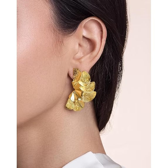 SNGIA 18K Gold Plated Large Floral Statement Drop Earrings for Women, Textured Dangle Style