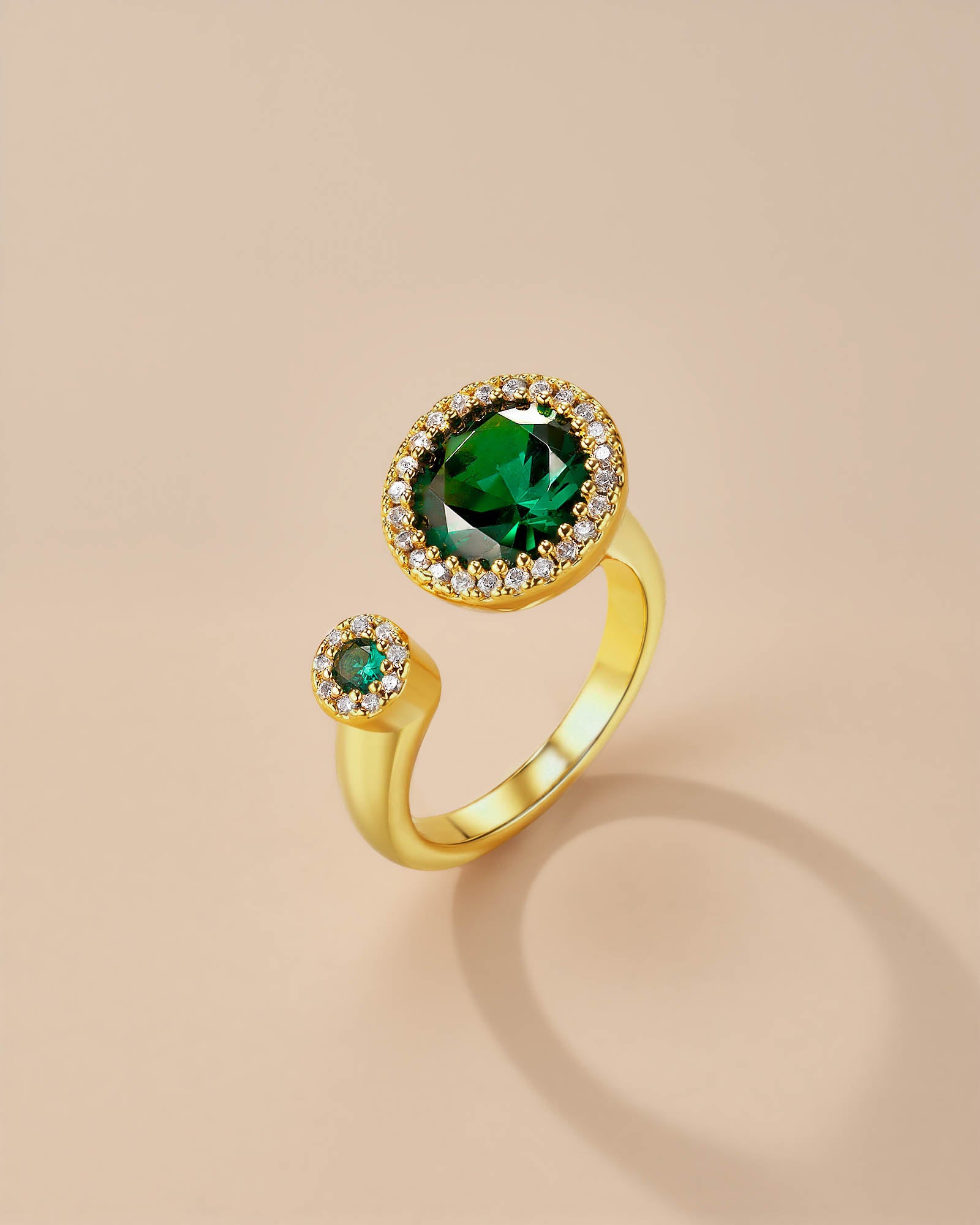 Dual Emerald Stone Adjustable Ring with CZ