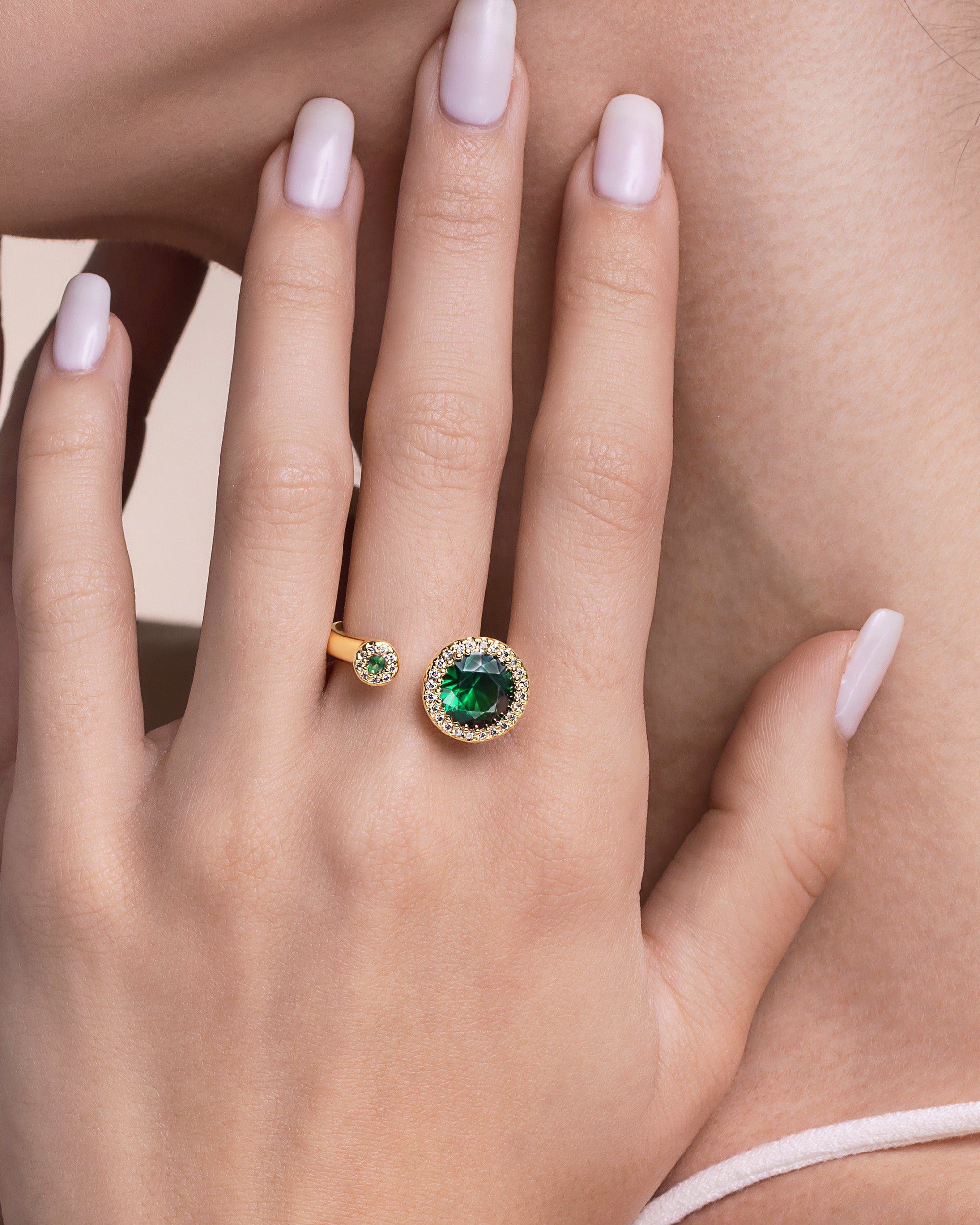 Dual Emerald Stone Adjustable Ring with CZ