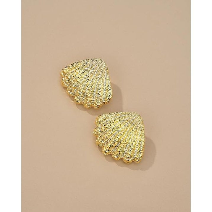 Gold Tone Textured Shell Stud Earrings for Women, Statement Fan Shape Post Back