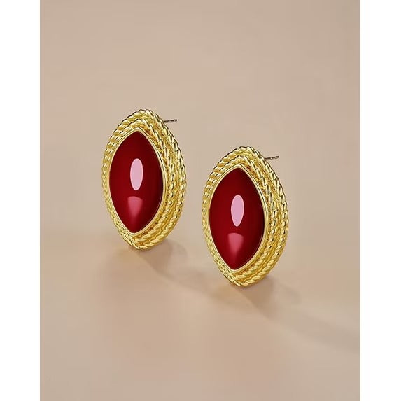 SNGIA 18K Gold Plated Oval Stud Earrings for Women with Resin Center and Braided Frame