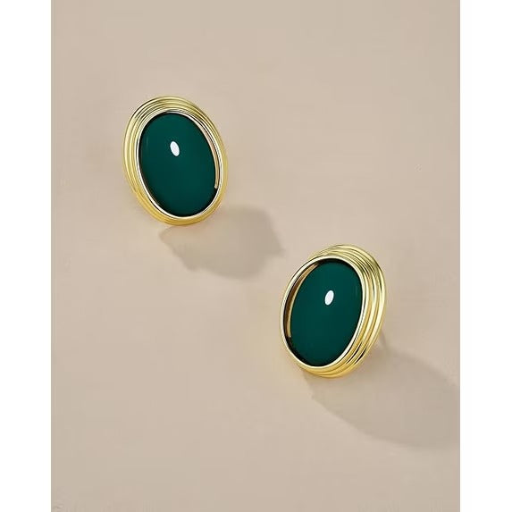 SNGIA 18K Gold Plated Oval Stud Earrings for Women, Multicolor Cabochon Statement Button Earrings