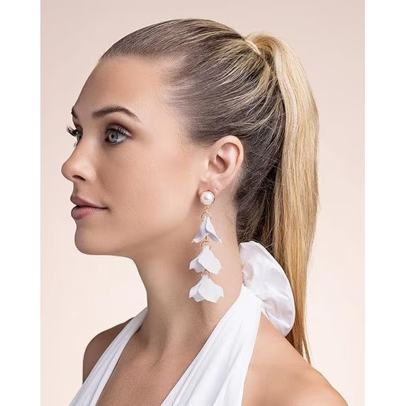 SNGIA White Floral Dangle Earrings for Women, 18K Gold Plated Pearl Accent Statement Drop Earrings