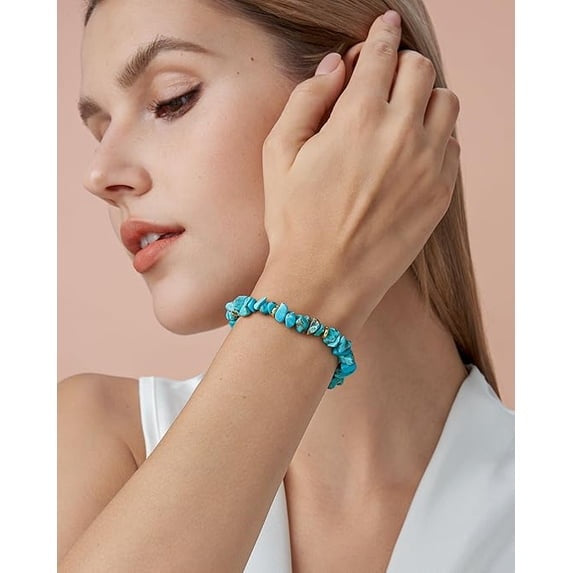 Women's Turquoise Color Chip Bead Bracelet with Gold Tone Chain and Lobster Clasp