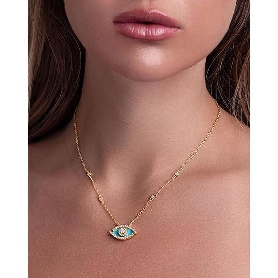 SNGIA 18K Gold Plated Evil Eye Pendant Necklace with Natural Stone and CZ for Women
