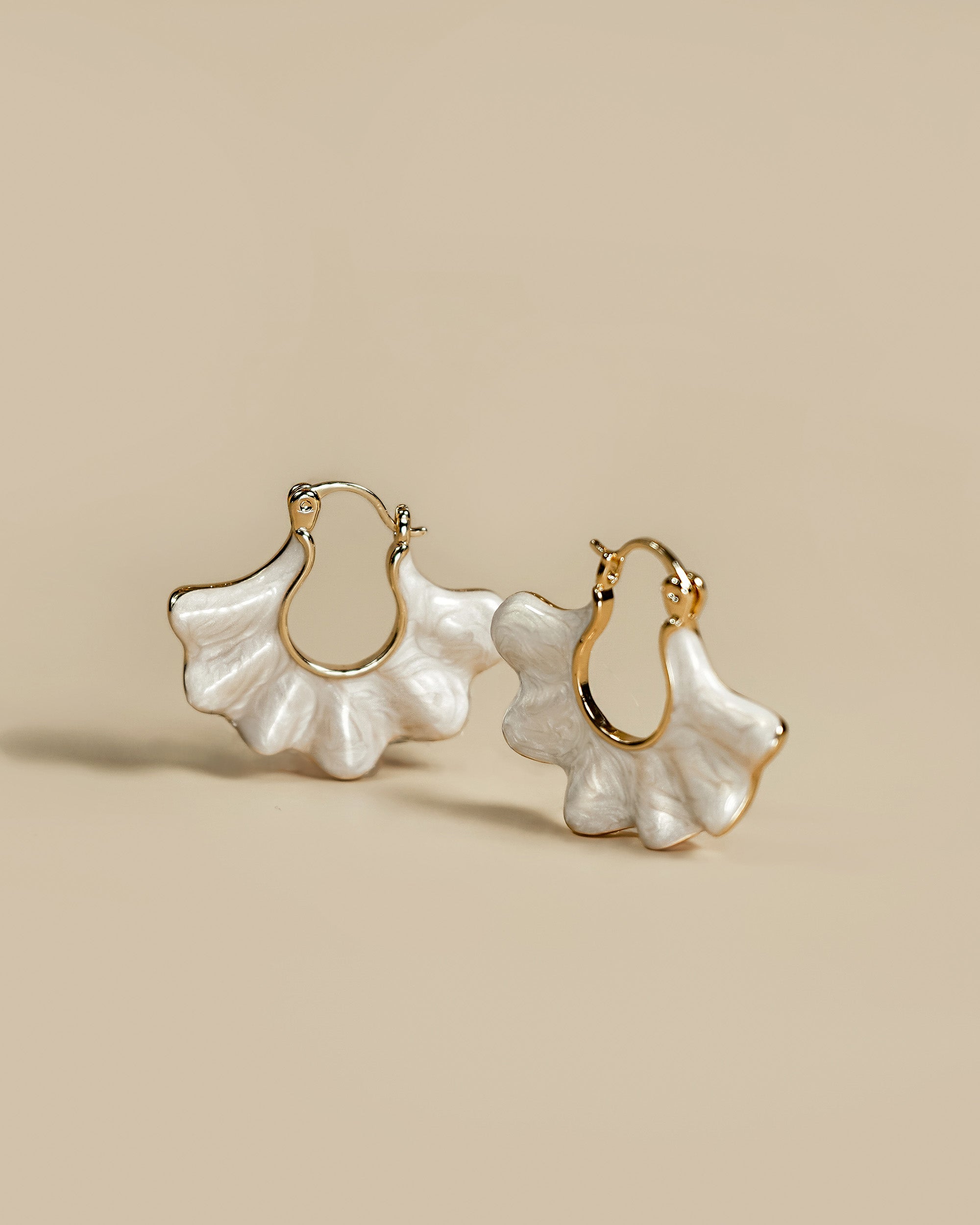 Gold Cream Enamel Shell Fan Earrings