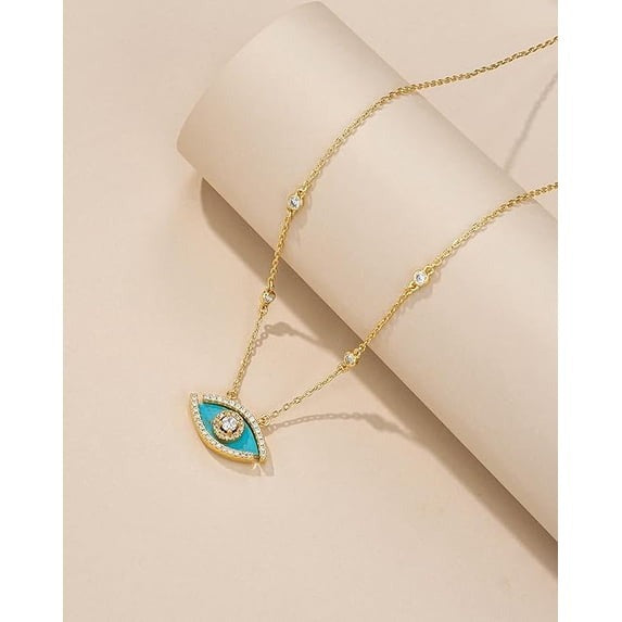 SNGIA 18K Gold Plated Evil Eye Pendant Necklace with Natural Stone and CZ for Women