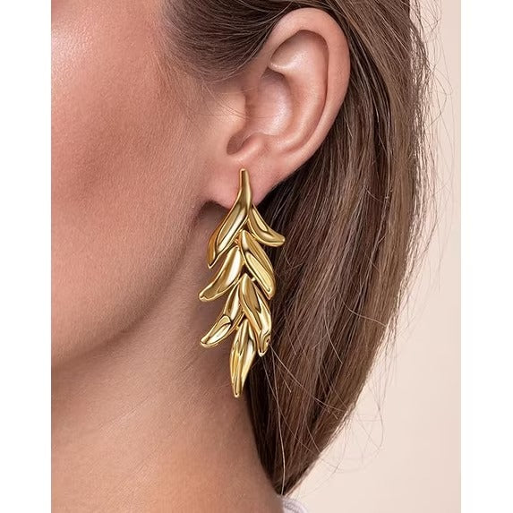 SNGIA 18K Gold Plated Leaf Dangle Earrings for Women, Two-Tone Floral Statement Design