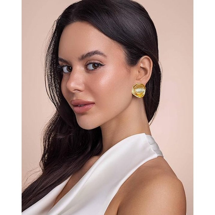 SNGIA 18K Gold Plated Leaf Dangle Earrings for Women, Textured Ribbed Statement Stud Earrings