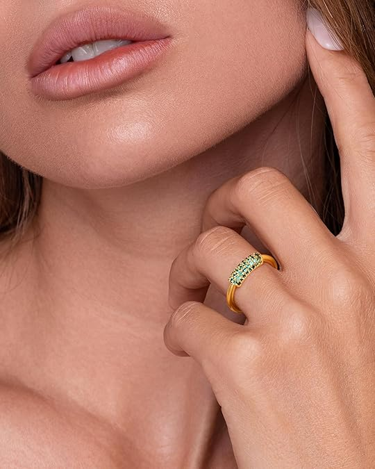 Adjustable Open Ring for Women, Gold Tone Pave Green CZ Band, Stackable Fashion Jewelry