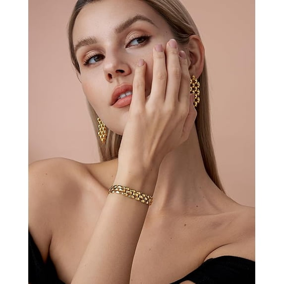 Chunky 18K Gold Plated Link Chain Bracelet for Women Textured Ribbed Statement Jewelry
