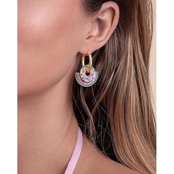 SNGIA 18K Gold Plated Pink Teal Enamel Geometric Disc Hoop Drop Earrings for Women