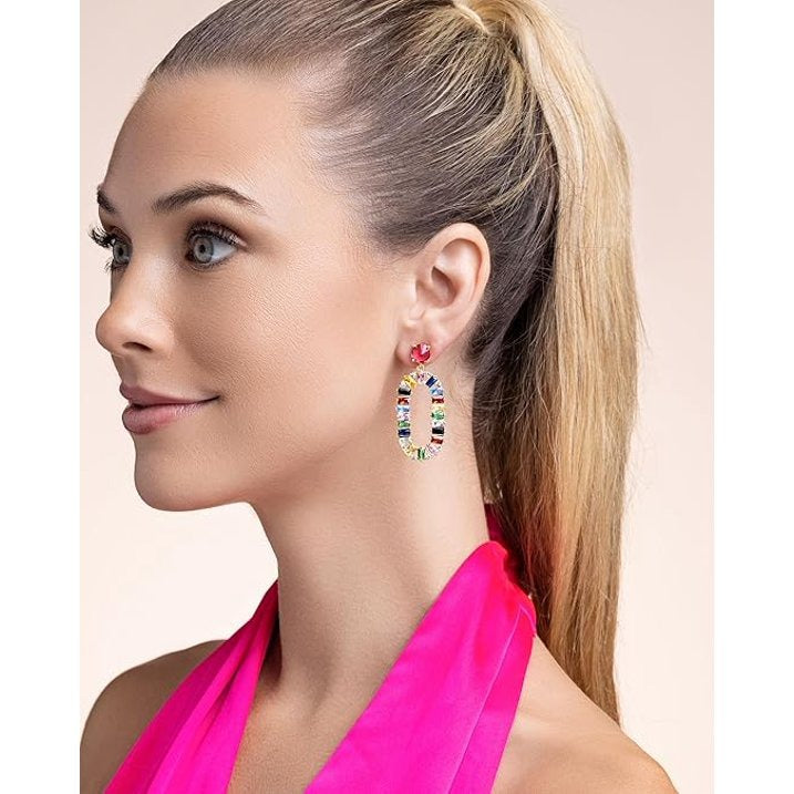 SNGIA Gold Plated Multicolor Geometric Dangle Earrings with Pink Red Rhinestone Stud Top
