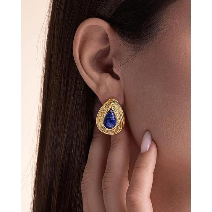 SNGIA 18K Gold Plated Lapis Lazuli Statement Stud Earrings for Women, Textured Teardrop Design