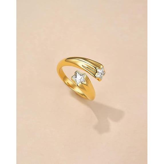 Gold Tone Adjustable Open Ring with Star CZ Accent for Women, Chunky Fashion Ring
