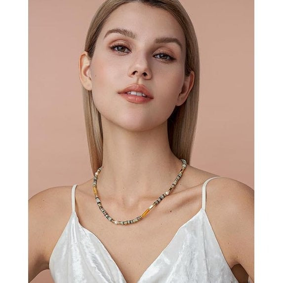 SNGIA 18K Gold Plated Multicolor Natural Stone Beaded Adjustable Choker Necklace for Women