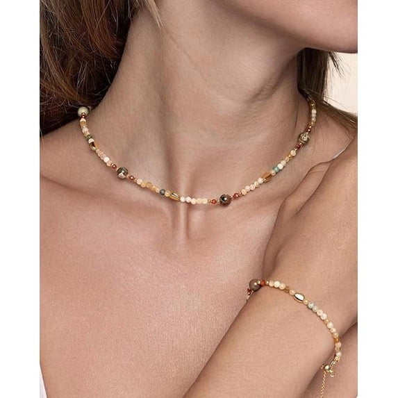 SNGIA 18K Gold Plated Multicolor Natural Stone Beaded Adjustable Choker Necklace for Women