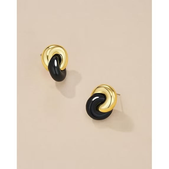 SNGIA 18K Gold Plated Noir Interlock Stud Earrings for Women, Round Statement Design
