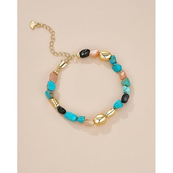 Gold Tone Turquoise Beaded Adjustable Bracelet for Women, Multicolor Statement Jewelry