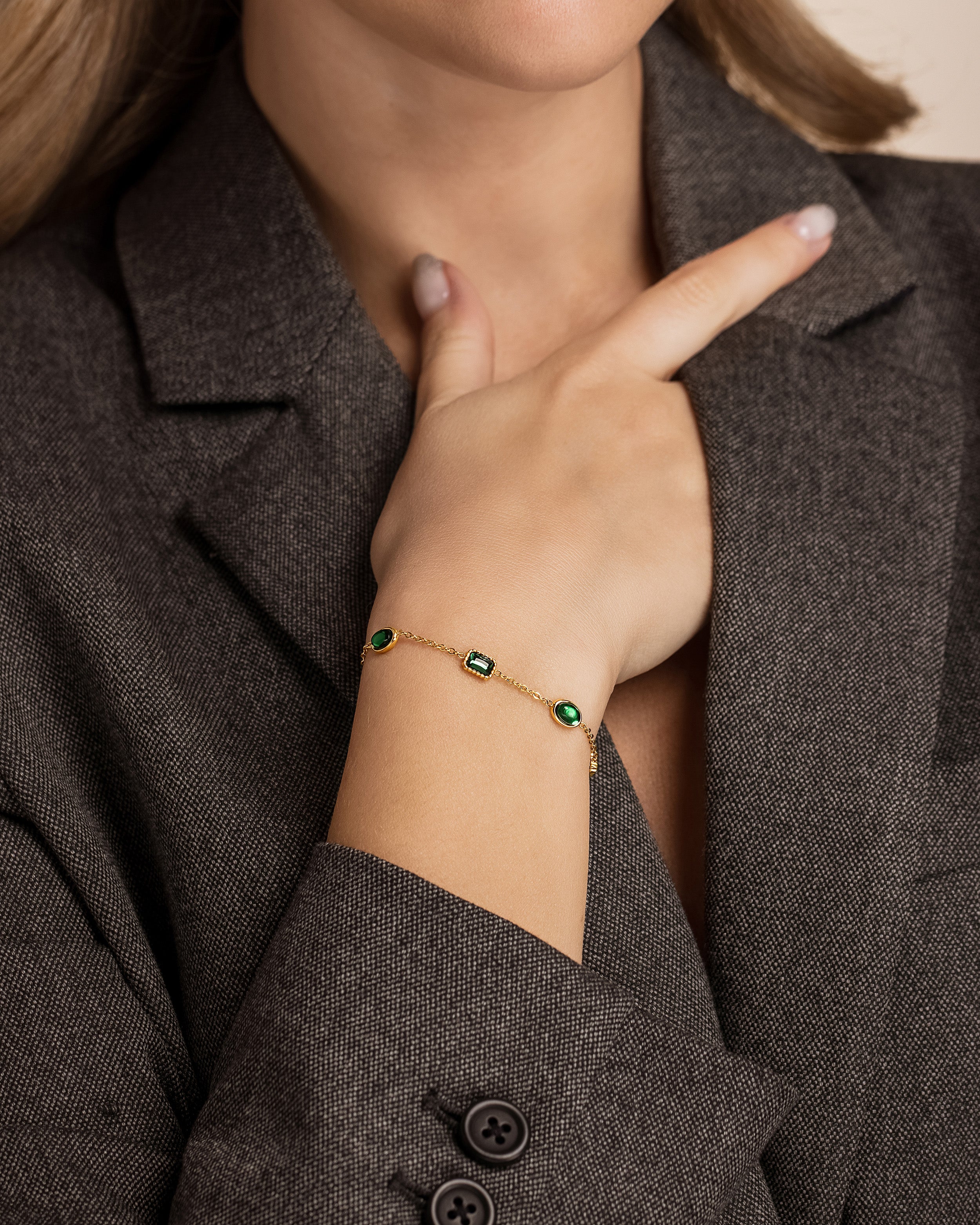 Gold Emerald Stone Beads Station Bracelet