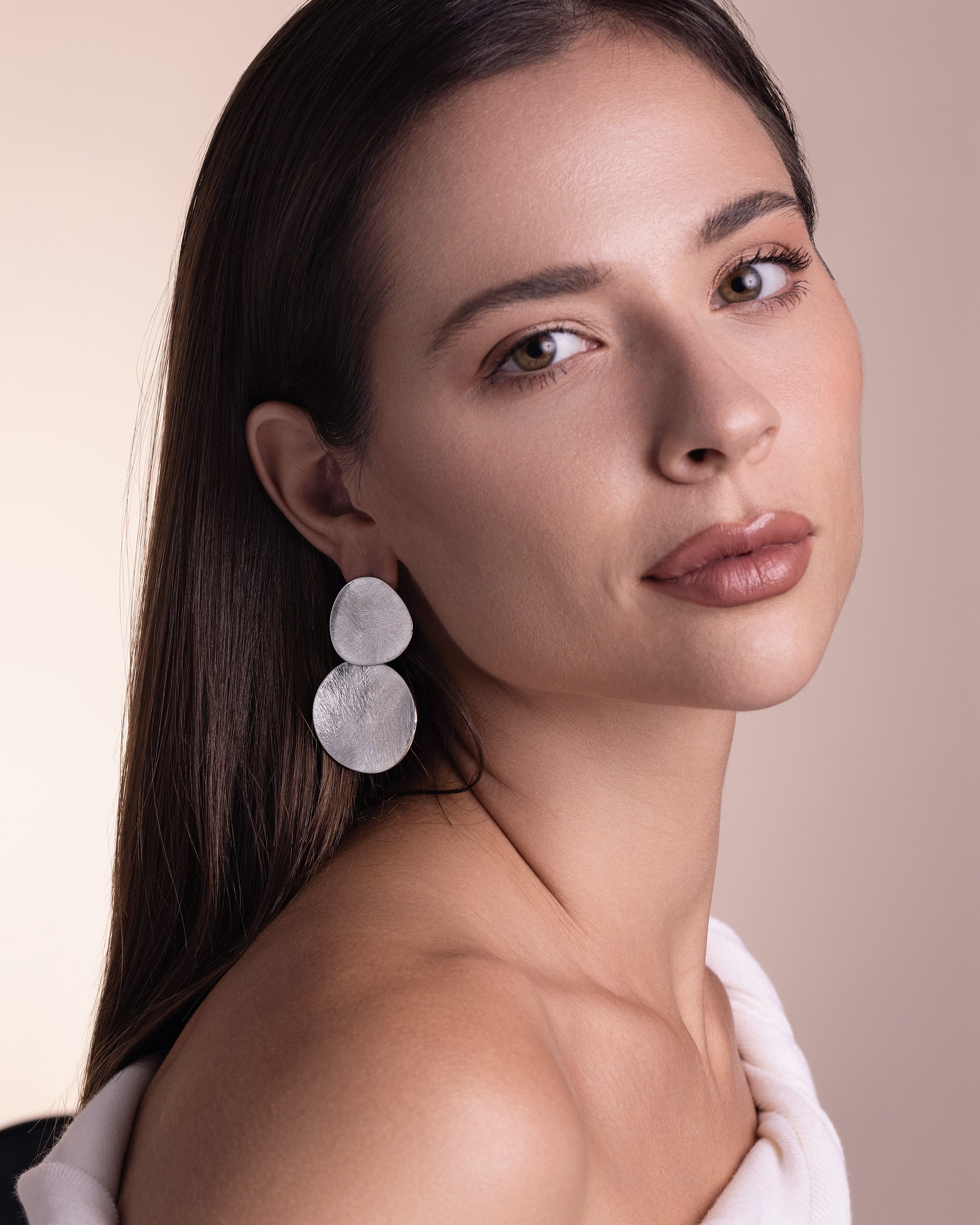 Large Silver Textured Geometric Dangle Statement Earrings - White Gold Plated