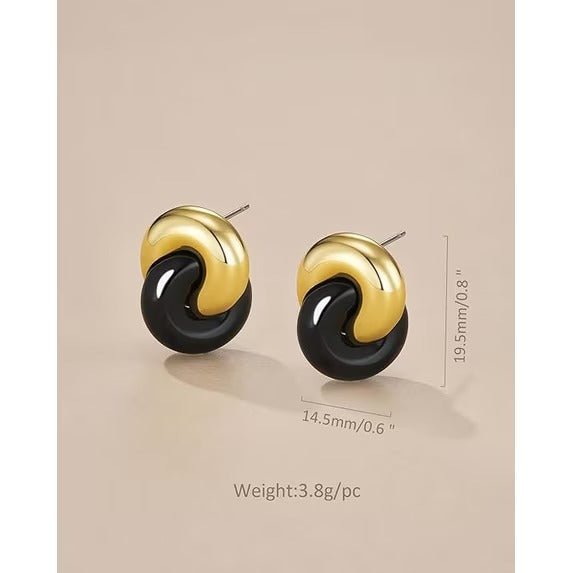 SNGIA 18K Gold Plated Noir Interlock Stud Earrings for Women, Round Statement Design