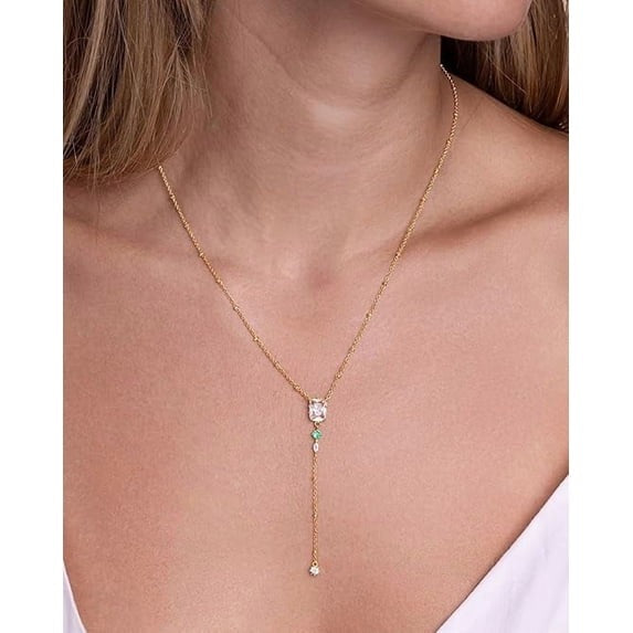 18K Gold Plated Long Drop Pendant Necklace with Green CZ Stone Beaded Chain for Women