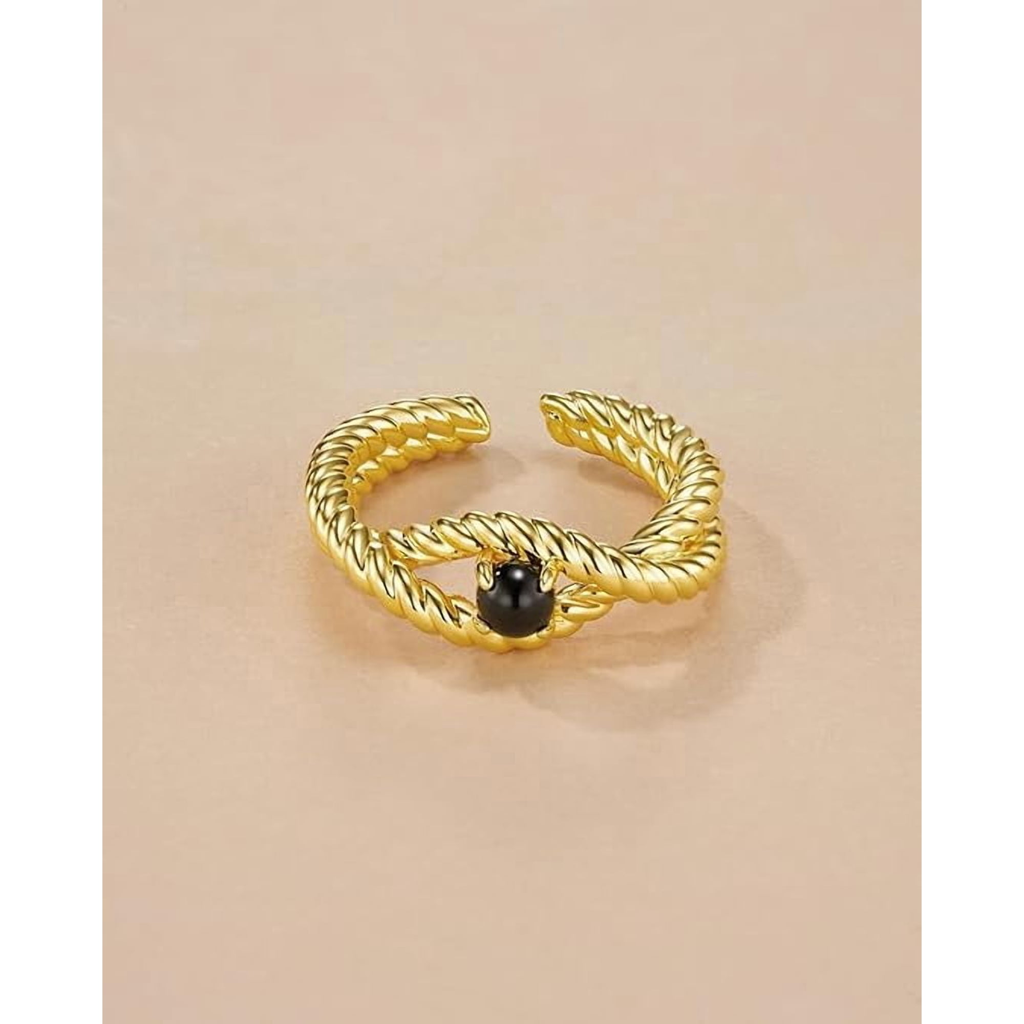 18K Gold Plated Adjustable Open Ring with Black Onyx Style Stone for Women