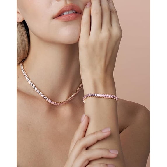 18K Gold Plated Adjustable Tennis Bracelet for Women, Baguette CZ - Rose