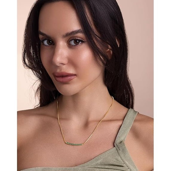 SNGIA 18K Gold Plated Green CZ Curved Bar Pendant Necklace for Women, Adjustable Dainty Chain
