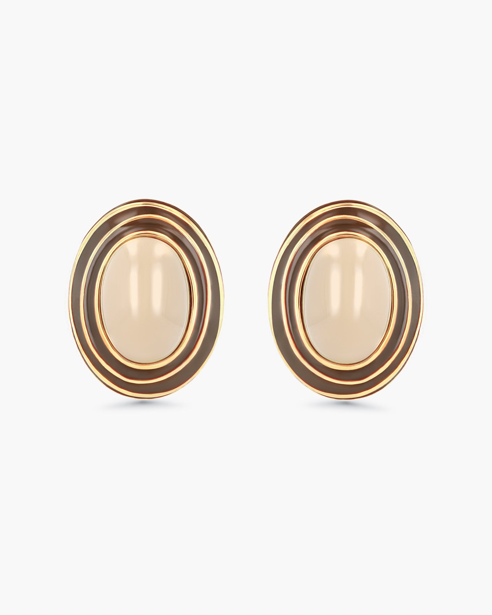 Brown Beige Enamel Chunky Oval Dome Earrings