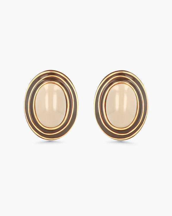 #95 Brown Beige Gold Oval Enamel Dome Earrings