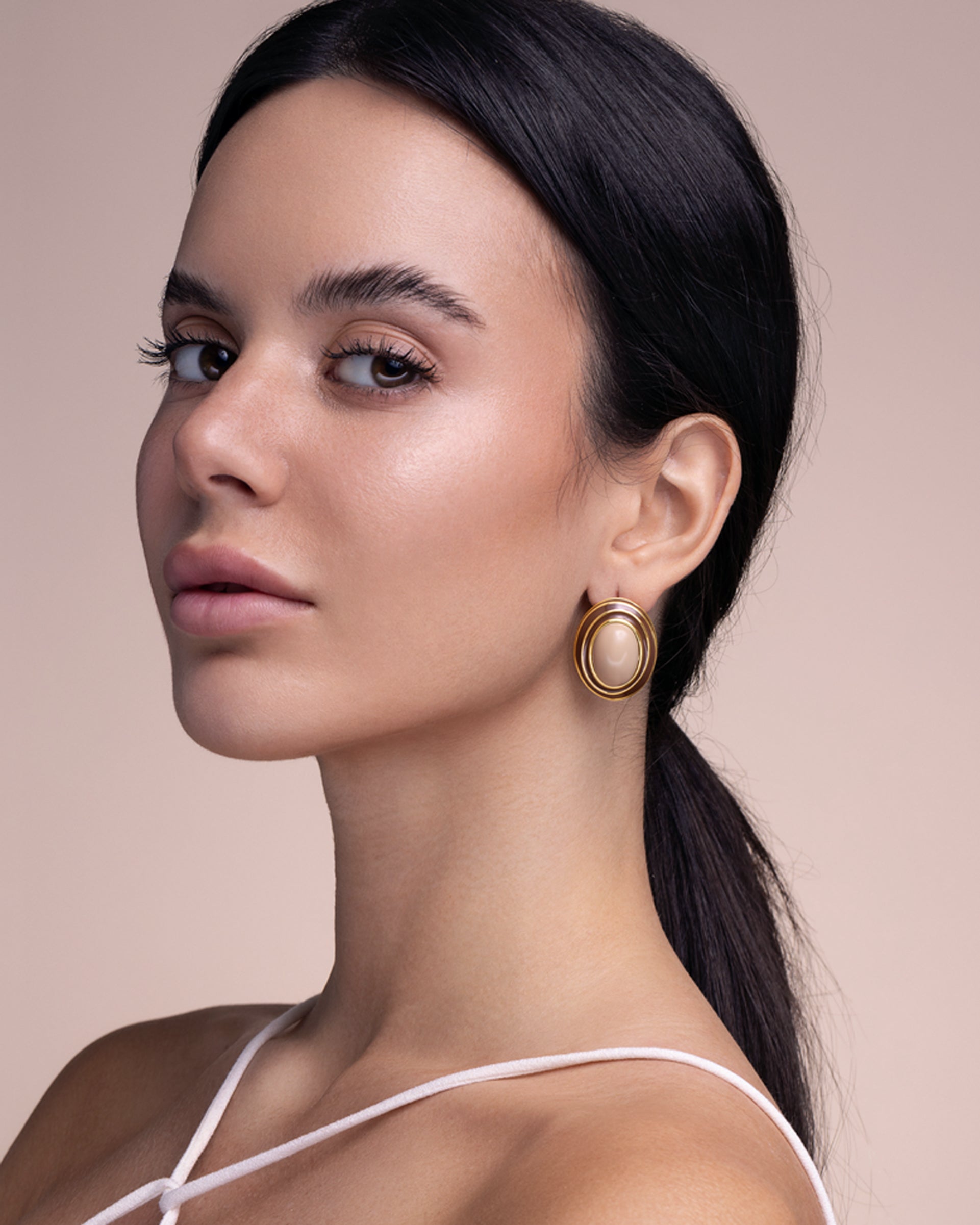 Brown Beige Enamel Chunky Oval Dome Earrings