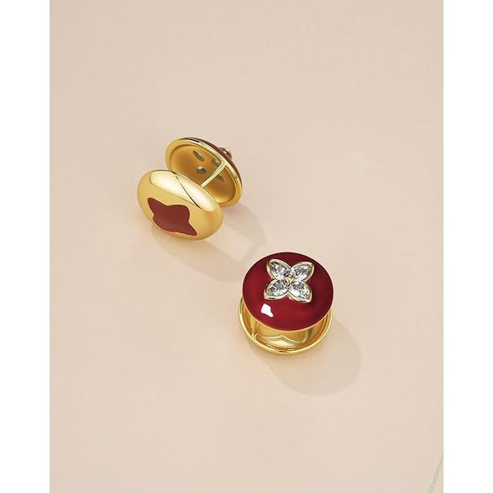SNGIA 18K Gold Plated Burgundy Enamel Clover Round Stud Earrings with CZ for Women