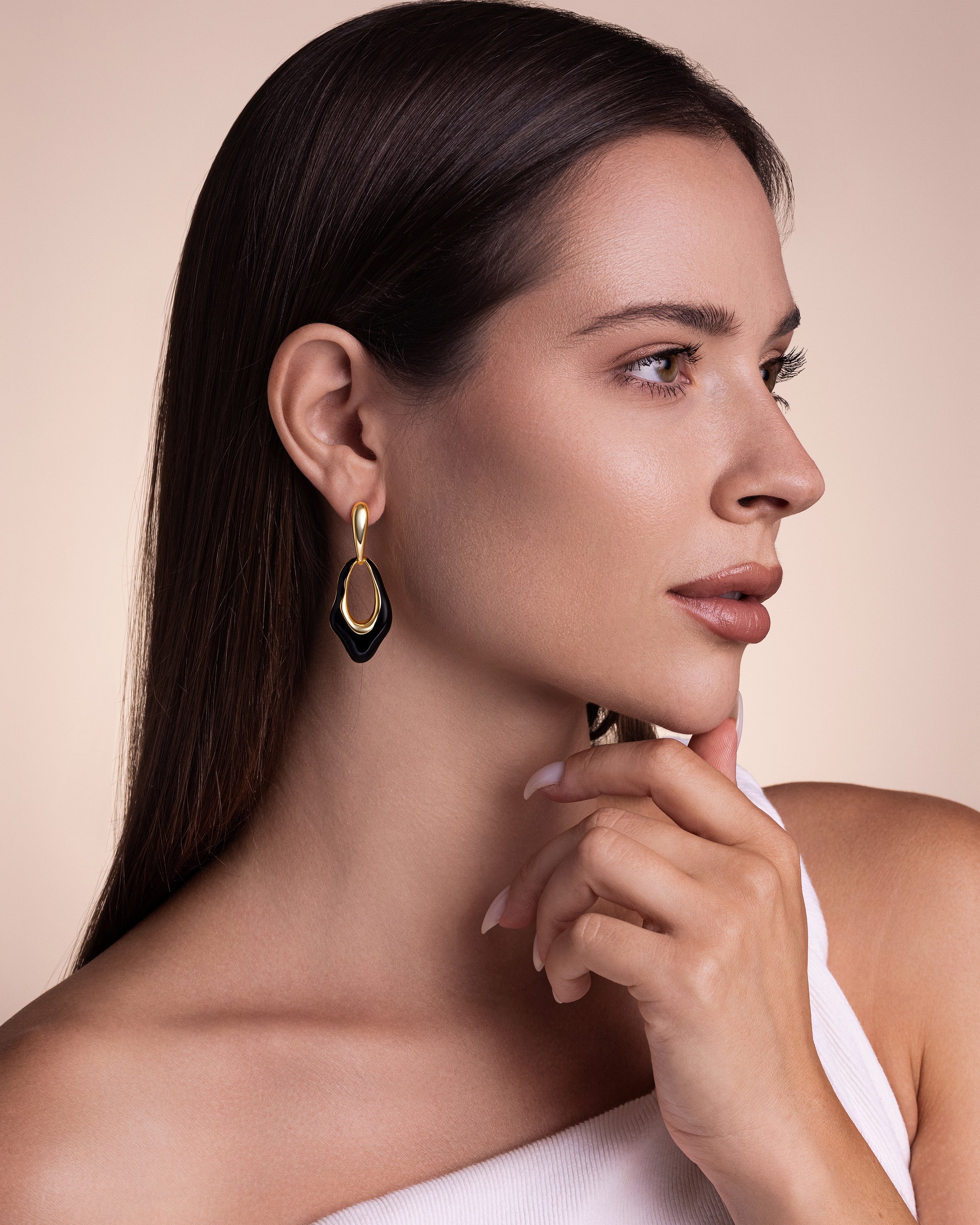 Irregular Oval Gold Black Enamel Dangle Earrings