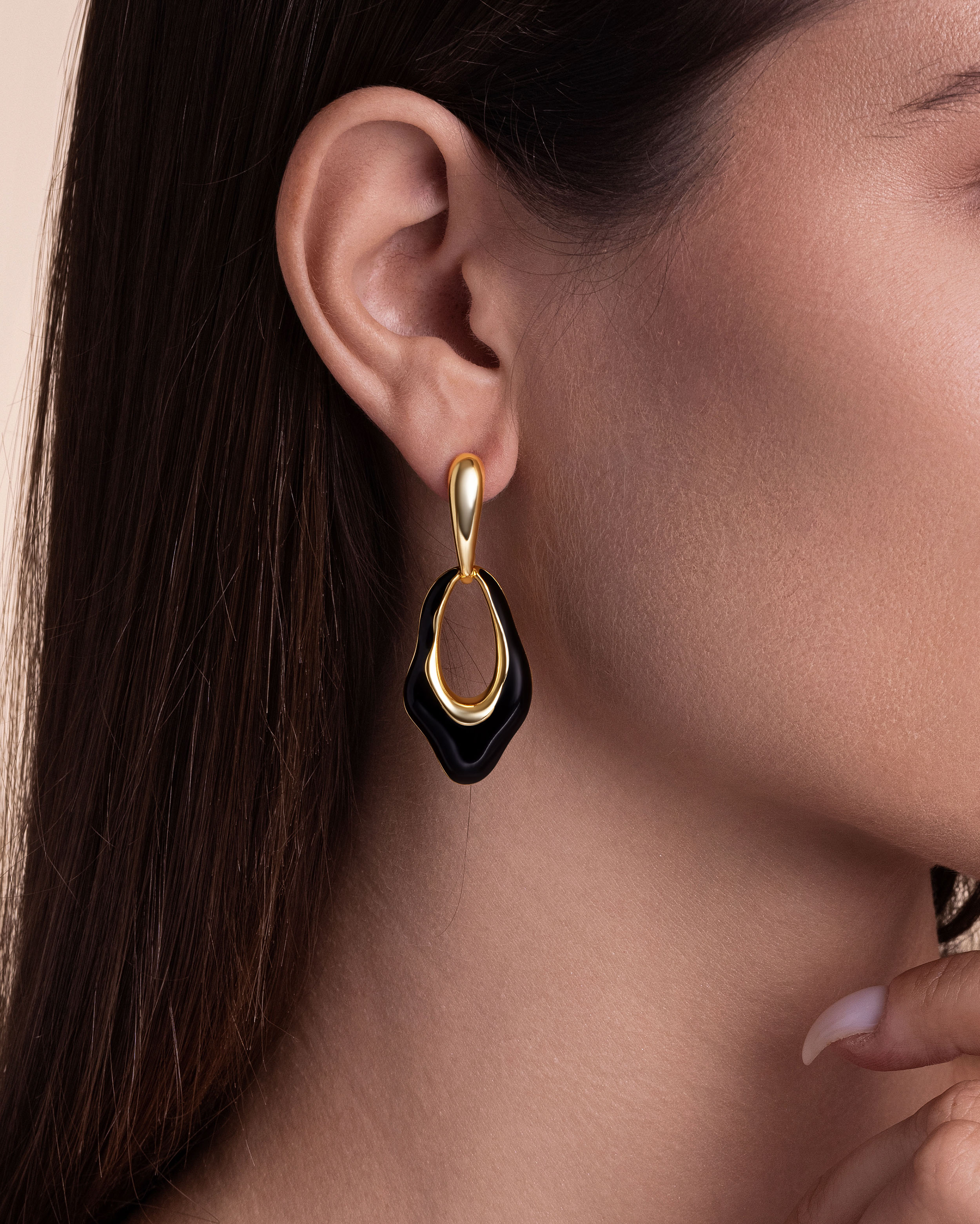 Irregular Oval Gold Black Enamel Dangle Earrings