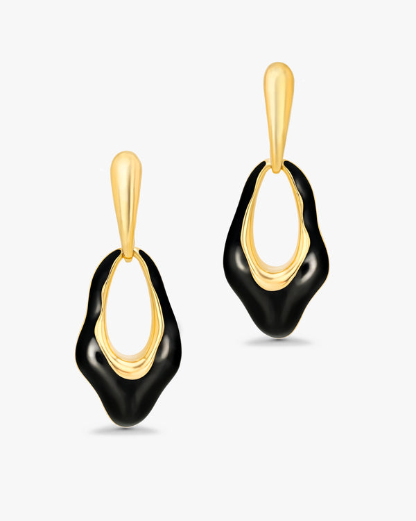 #96 Oval Dangle Irregular Gold Black Enamel Hoops Statement Earrings