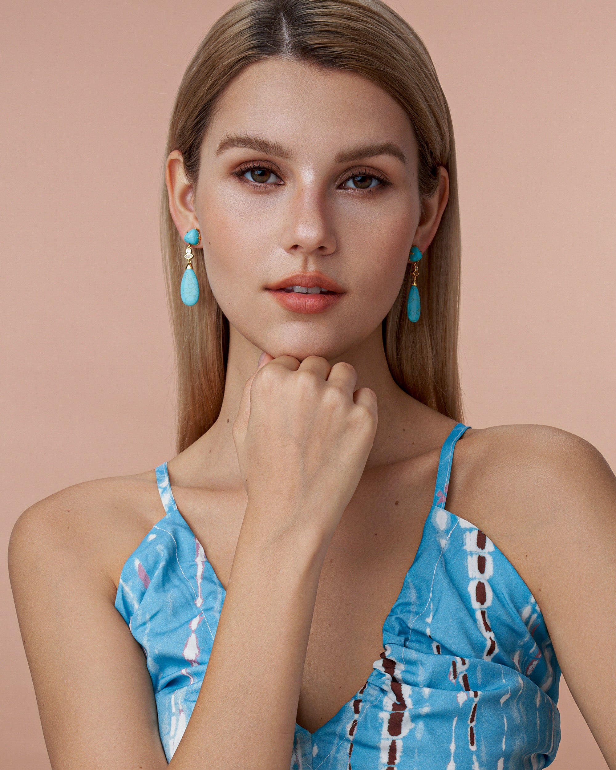 Teardrop Dangle Earrings With Simulated Turquoise Stone Accent