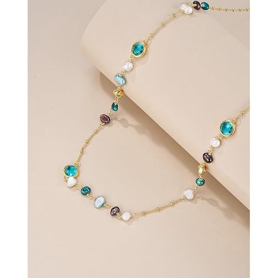 SNGIA 18K Gold Plated Multicolor Natural Stone Beaded Choker Necklace for Women, Adjustable