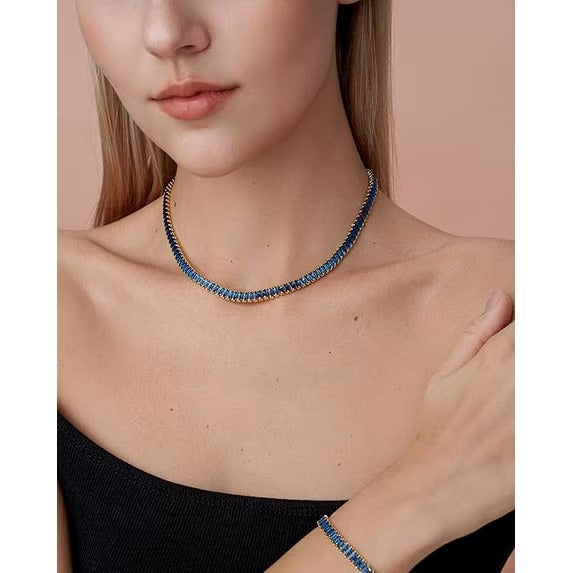 18K Gold Plated Blue Sapphire Baguette Crystal Tennis Choker Necklace for Women, Adjustable Statement Chain