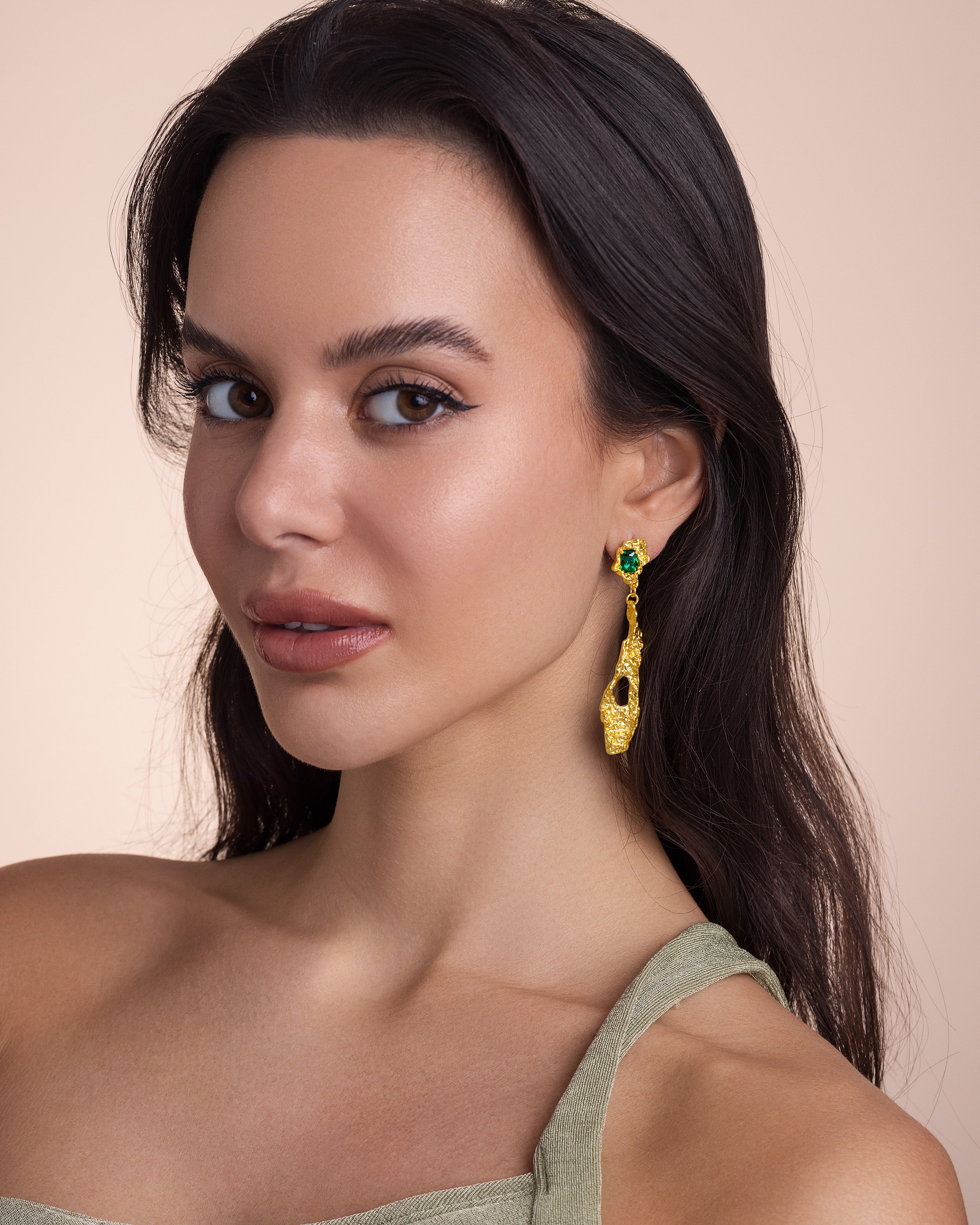 Gold Abstract Vintage Boho Dangle Earrings with Green Emerald