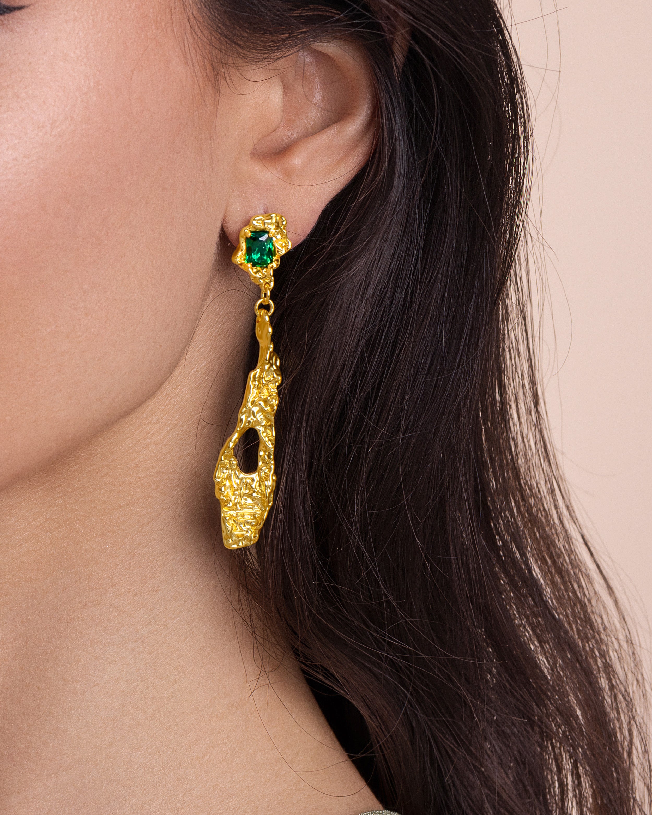 Gold Abstract Vintage Boho Dangle Earrings with Green Emerald